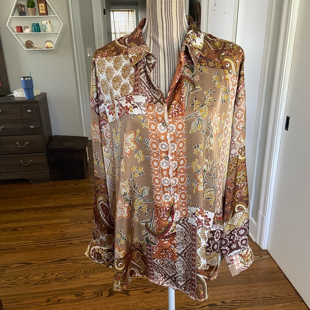 Women's Boho Patchwork Floral Button-Up Blouse In… - image 1